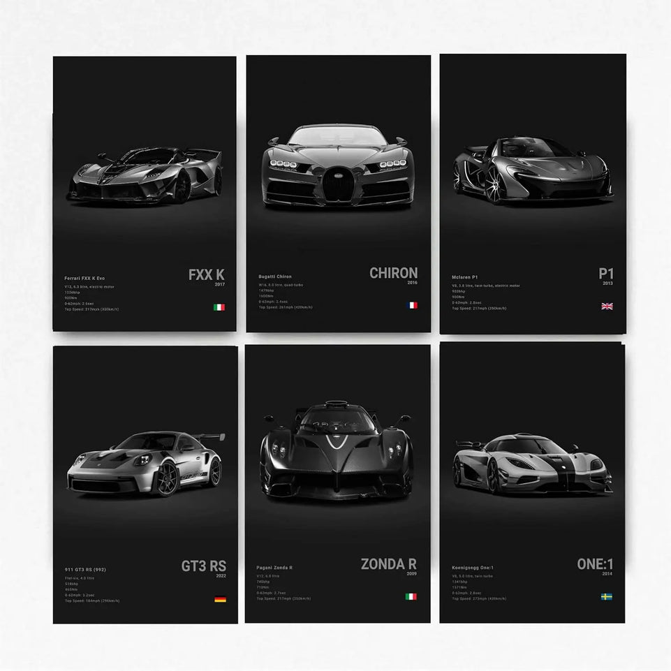 Super Car Poster Racing Car Wall Art For Home Decor Car Prints For Walls FXXK CHIRON P1 911GT3 RS ZONDA R ONE:1 Cardstock Posters Set Of 6(Unframe 8x12inch) https://www.amazon.com/dp/B0CQVFW28F