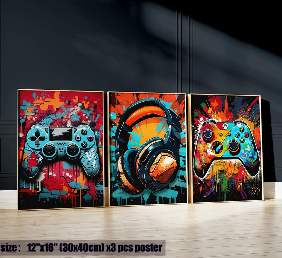 3Pcs Cool Gaming Wall Art Retro Video Game watercolor Posters Pictures Colorful Neon Gamepad Canvas Painting Prints for Boys Room Kids Game Room Bedroom for Boys Home Decoration 12x16in Unframed https://www.amazon.com/dp/B0CP7W91H7