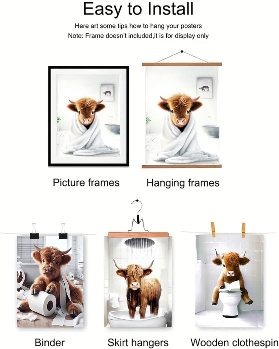TWNSLLA Highland Cow Funny Bathroom Decor Wall Art,Bathroom Highland Cow Art Prints,Rustic Farmhouse Bathroom Wall Decor,Funny Bathroom Signs Animal Canvas Wall Art,UNFRAMED,8x10inchx4pcs https://www.amazon.com/dp/B0D2CRRJBZ