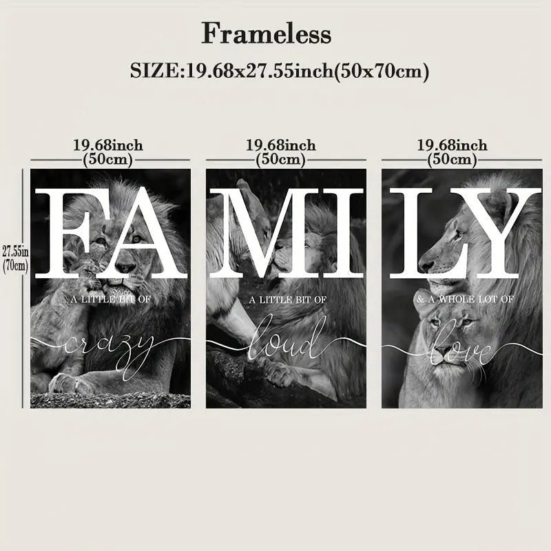 3pcs Unframed Black And White Lion Family Quote Home Signs Canvas Painting, Poster And Prints Animal Wall Art, Living Room Decoration Bedroom Home Decor Picture June Wall Art