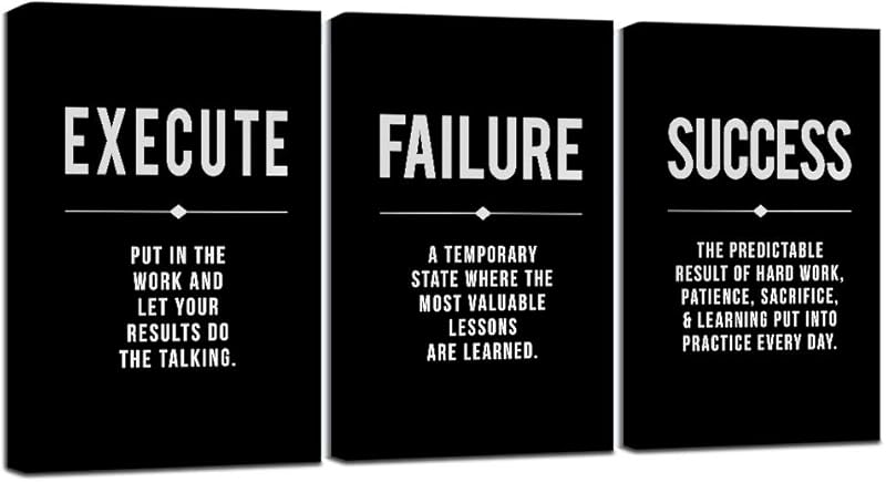 Framed Canvas Wall Art Success Quote For Office, Black Large Positive Motivational Poster, Set of 3, Execute Failure Definition, Inspirational Print (A-3pcs,12x16inchx3pcs) https://www.amazon.com/dp/B08CVF24C6