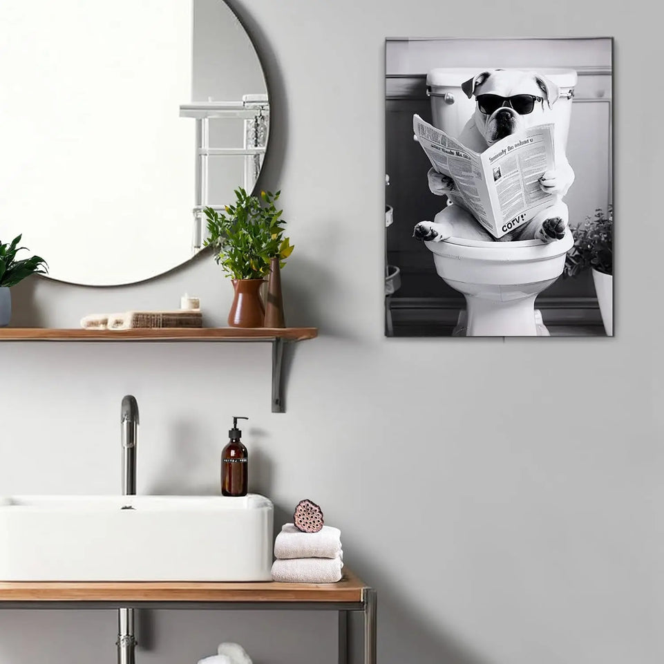 Deveosa Funny Bathroom Wall Art - Dog On Toilet Unique Cool Black And White Artwork For Restroom Paintings Animal Canvas Sings Decor Pictures Decorations 12x16inch https://www.amazon.com/dp/B0D1QJ3KZF