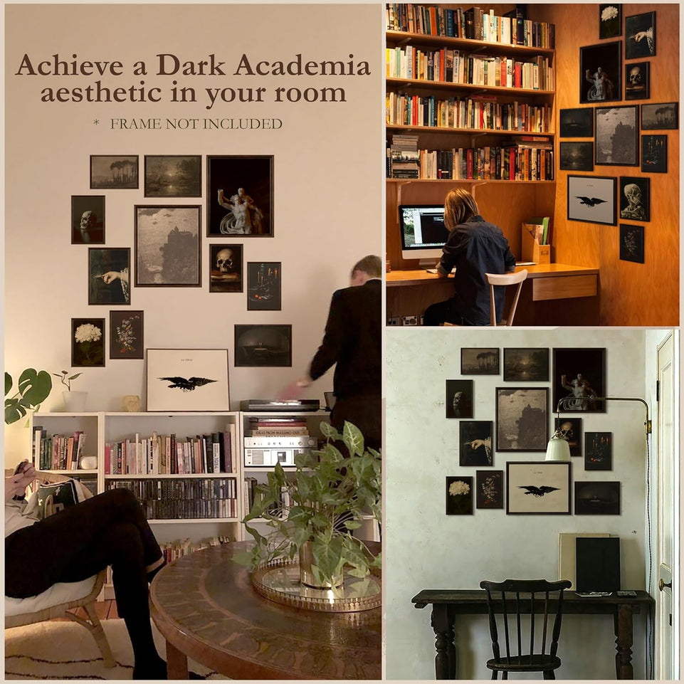 97 Decor Dark Academia Decor for Bedroom - Gothic Home Decor Aesthetic, Moody Dark Academia Wall Art, Vintage Halloween Posters for Room Aesthetic, Goth Wall Decor, Witchy Gallery Wall Art (Unframed) https://www.amazon.com/dp/B0BV1TJLMB