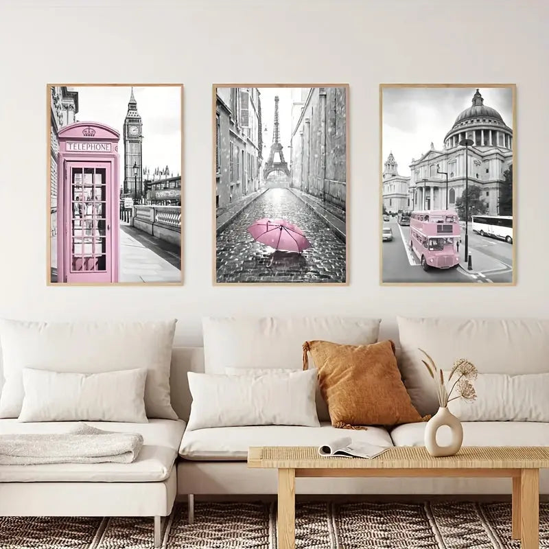 3pcs Canvas Poster, Modern Art, Eiffel Tower Girls Bedroom Decoration, Lightpink Paris Theme Room Decoration Wall Art, Ideal Gift For Bedroom Living Room Corridor, Wall Art, Wall Decor, Fall Decor, Wall Decor, Room Decoration June Wall Art