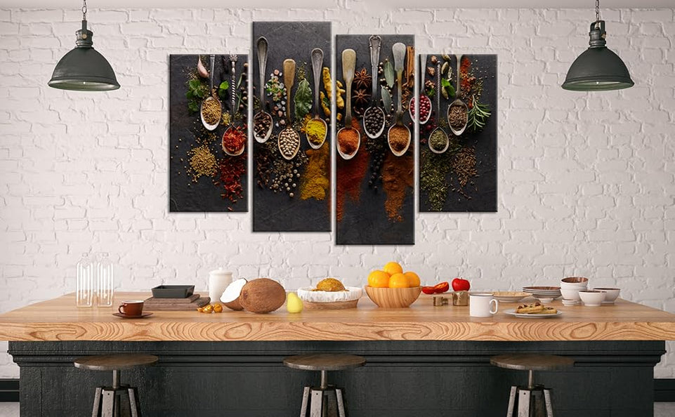 iHAPPYWALL Kitchen Pictures Wall Decor 4 Pieces Couful Spice in Spoon Vintage Canvas Wall Art Food Photos Painting On Canvas Stretched Framed Home Decoration Gift Ready to Hang https://www.amazon.com/dp/B07J9ZB4JD