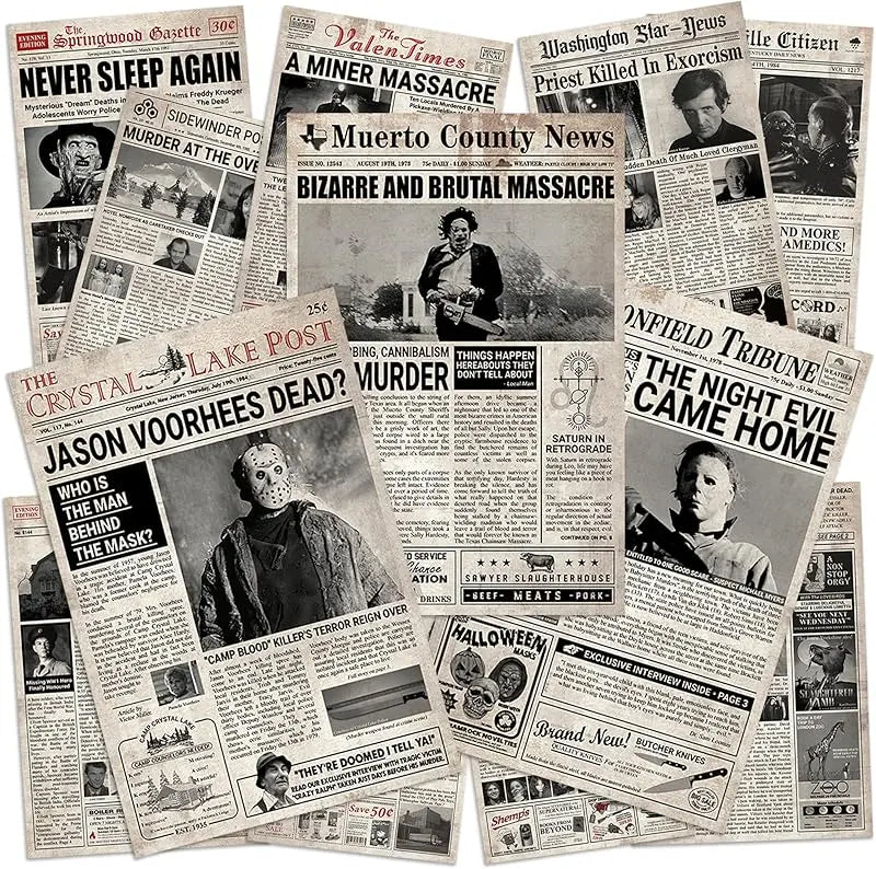 12 Pcs Newspaper Horror Posters (8”x12”), Horror Decor, Halloween Scary Movie Posters Wall Art Decor, Creepy Perfect Retro Bedroom And Vintage, Jason Voorhees, Ashy Slashy - Unframed https://www.amazon.com/dp/B0D83RR9MC