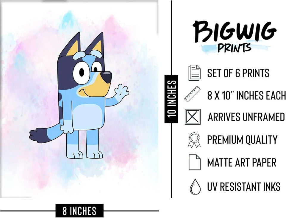 BigWig Prints Bluey Poster - Bluey Room Decor, Posters for Boys Room, Kids Wall Art for Bedroom, Toddler Wall Art, Cartoon Artwork for Nursery Decor, Kids Cartoon Prints - Set of 6 (8x10”) Unframed https://www.amazon.com/dp/B0CMDGDXH7