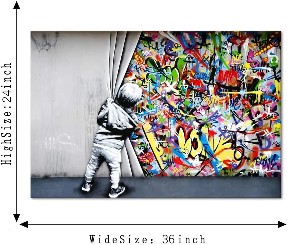 Yatsen Bridge Classic Street Art Banksy Graffiti Wall Art Behind The Curtain Posters Canvas Paintings Colorful Graffiti Pictures Prints Framed for Living Room Home Decor(36''W x 24''H) https://www.amazon.com/dp/B07ZVHB9FP