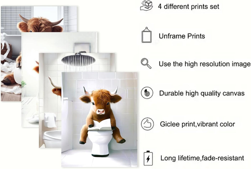 TWNSLLA Highland Cow Funny Bathroom Decor Wall Art,Bathroom Highland Cow Art Prints,Rustic Farmhouse Bathroom Wall Decor,Funny Bathroom Signs Animal Canvas Wall Art,UNFRAMED,8x10inchx4pcs https://www.amazon.com/dp/B0D2CRRJBZ