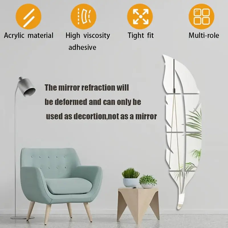 1pc Acrylic Feather Mirror Wall Sticker, Self Adhesive Art Decal Wall Decor, Living Room And Bedroom Wall Decor, Frameless Mirror Wall Sticker For Home Decorations June Wall Art