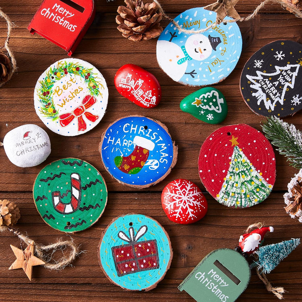Wood Slices Kit, Shuttle Art 35 PCS Unfinished Natural Wood Slices with Pre-Drilled Hole, Acrylic Paint, Permanent Markers, Jute Twine, DIY Craft for Kids Adults Holiday Decoration Christmas Ornaments https://www.amazon.com/dp/B08FDGWSCW