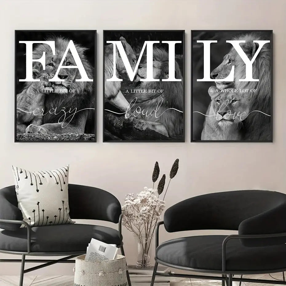 3pcs Unframed Black And White Lion Family Quote Home Signs Canvas Painting, Poster And Prints Animal Wall Art, Living Room Decoration Bedroom Home Decor Picture June Wall Art