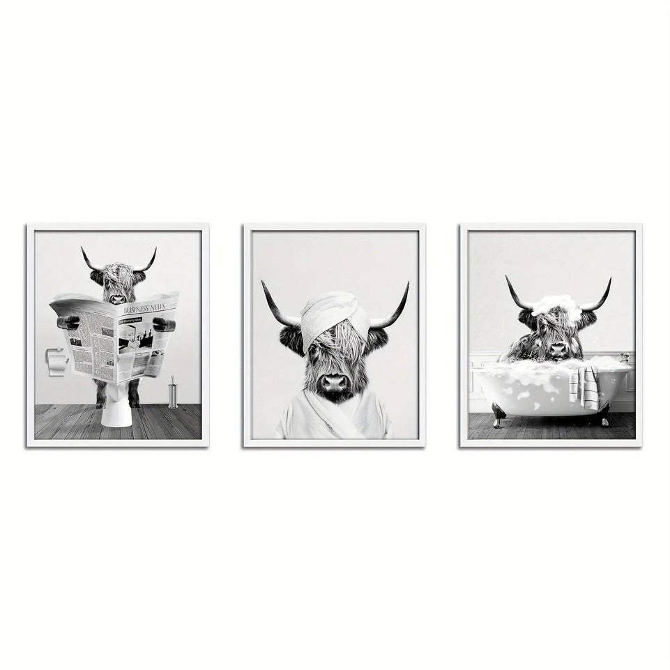 3pcs/set Funny Highland Cow Wall Art In Bathtub, Black And White Canvas Cow In Bathroom Picture, Humor Animals Bathroom Artwork Prints Rustic Farmhouse Style Wall Decor For Living Room,Bedroom, Kids Bathroom Decor, 12x16 Inch June Wall Art