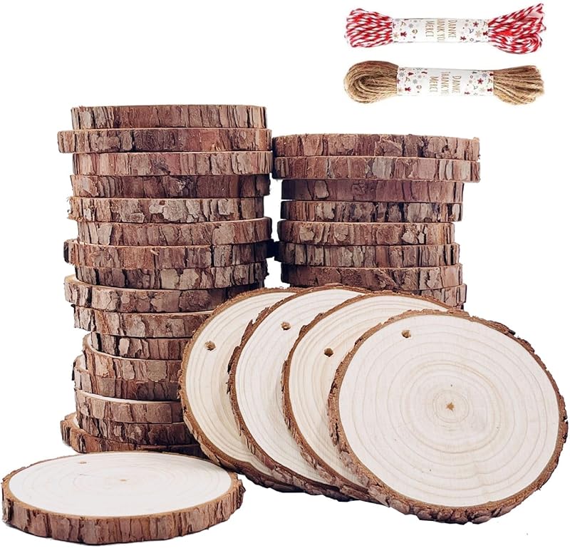 Unfinished Natural Wood Slices 20 Pcs 3.5-4 inch Craft Wood kit Circles Crafts Christmas Ornaments Rustic Wedding Decoration DIY Crafts with Bark for Crafts https://www.amazon.com/dp/B07QSH1T32
