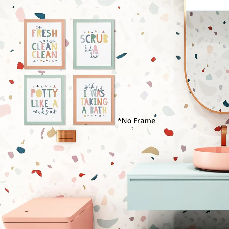 So Fresh and Clean Colorful Bathroom Art Poster Prints for Home Kid Washroom Restroom Nursery Toilet Laundry Decor,Funny Bathroom Rules Word Art Decorations Prints Wall Art Unframed 4pcs 8x10inches https://www.amazon.com/dp/B0BY6BBXTF