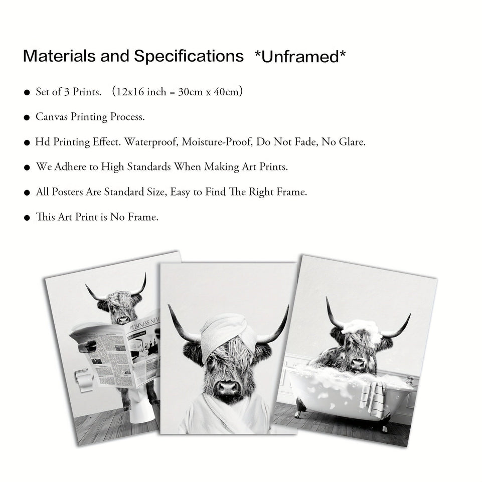 3pcs/set Funny Highland Cow Wall Art In Bathtub, Black And White Canvas Cow In Bathroom Picture, Humor Animals Bathroom Artwork Prints Rustic Farmhouse Style Wall Decor For Living Room,Bedroom, Kids Bathroom Decor, 12x16 Inch, No Frame https://www.temu.com/search_result.html?search_key=601099514837992