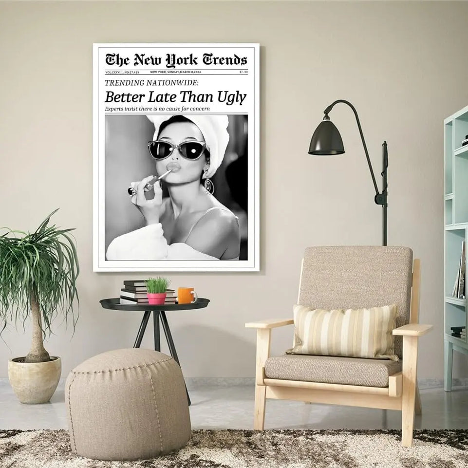 Newspaper Wall Art Canvas Prints Vintage Black and White Better Late Than Ugly Decor Poster Funky Feminist Posters Trendy College Wall Decor for Girly Dorm Room Bathroom Wall Decor 8x12inch Unframed https://www.amazon.com/dp/B0DHYCHY7C