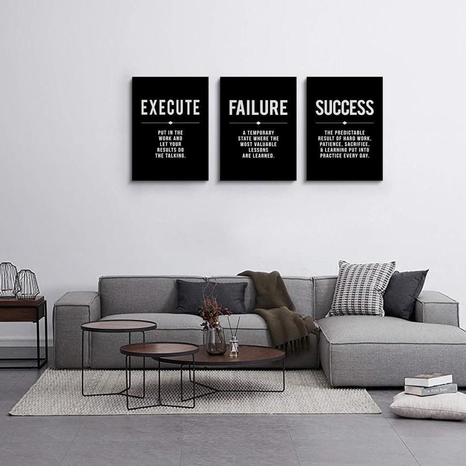Framed Canvas Wall Art Success Quote For Office, Black Large Positive Motivational Poster, Set of 3, Execute Failure Definition, Inspirational Print (A-3pcs,12x16inchx3pcs) https://www.amazon.com/dp/B08CVF24C6
