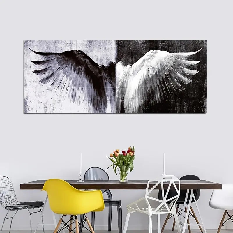 Stunning Modern Black and White 1pc Angel Wings Canvas Art - Wall Decor for Home and Office June Wall Art