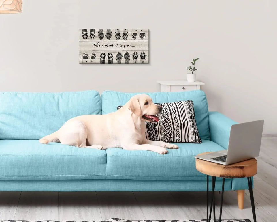 ARTINME Dog Lover Sign Wall Decor,Take A Moment to Paws sign Pet Paw Print Artwork Footprints Canvas Wall Art,Framed Animal prints Puppy Gifts for Front Door home decoration (Black) https://www.amazon.com/dp/B09FLQ57SP