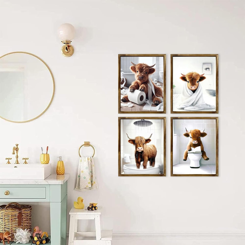 TWNSLLA Highland Cow Funny Bathroom Decor Wall Art,Bathroom Highland Cow Art Prints,Rustic Farmhouse Bathroom Wall Decor,Funny Bathroom Signs Animal Canvas Wall Art,UNFRAMED,8x10inchx4pcs https://www.amazon.com/dp/B0D2CRRJBZ