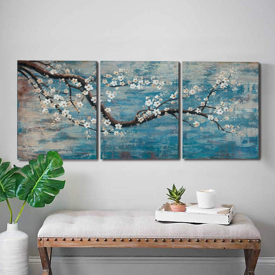3 Piece Wall Art Hand-Painted Framed Flower Oil Painting On Canvas Gallery Wrapped Modern Floral Artwork for Living Room Bedroom Décor Teal Blue Lake Ready to Hang 12"x16"x3 Panel https://www.amazon.com/dp/B07RPLB9CH
