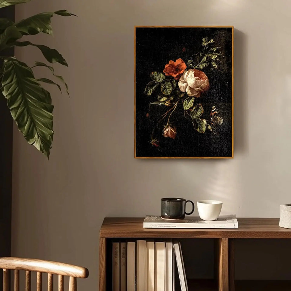 crmotu Floral Framed Wall Art, Flower Vintage Botanical Prints, Moody Rose Butterfly Canvas Pictures, Dark Academia Mid Century Modern Home Wall Decor for Bedroom Kitchen Office Desktop 8x10in https://www.amazon.com/dp/B0D5BBPJYZ