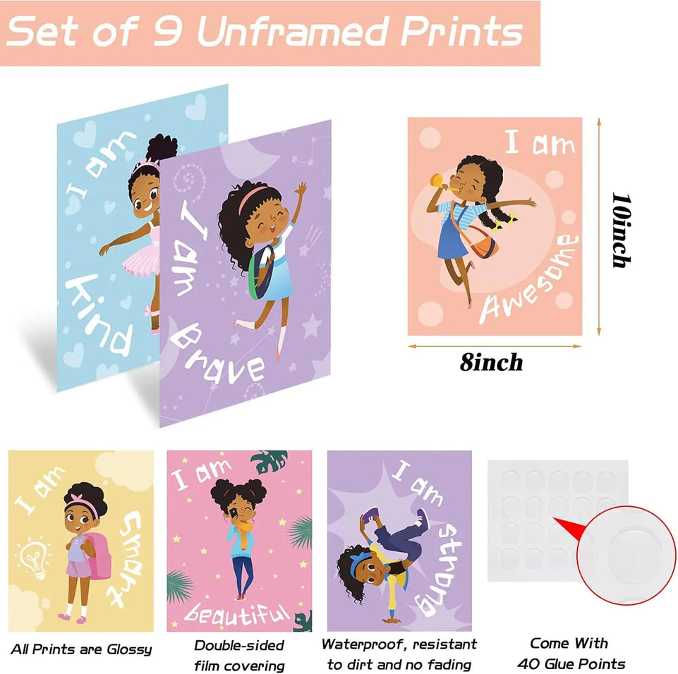 Outus 9 Pieces Black Girl Wall Decor for Girls Room Inspirational Quote African American Wall Art Motivational Saying Wall Decor for International Women's Day Girl Kids Bedroom Gift https://www.amazon.com/dp/B092MGT7DD
