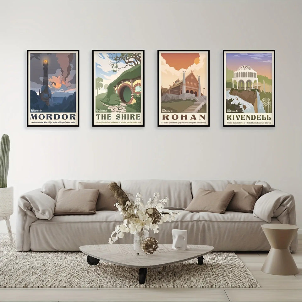 4pcs Middle Earth Landscape Canvas Wall Art Paintings - Lord of the Rings Decorative Painting for Living Room, Bedroom, Bathroom, Office, Kitchen - No Frames Required June Wall Art