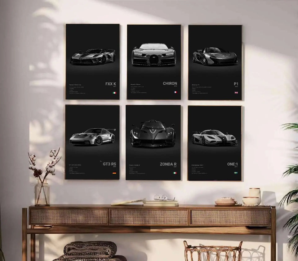 Super Car Poster Racing Car Wall Art For Home Decor Car Prints For Walls FXXK CHIRON P1 911GT3 RS ZONDA R ONE:1 Cardstock Posters Set Of 6(Unframe 8x12inch) https://www.amazon.com/dp/B0CQVFW28F
