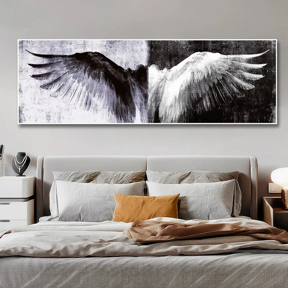 Stunning Modern Black and White 1pc Angel Wings Canvas Art - Wall Decor for Home and Office June Wall Art