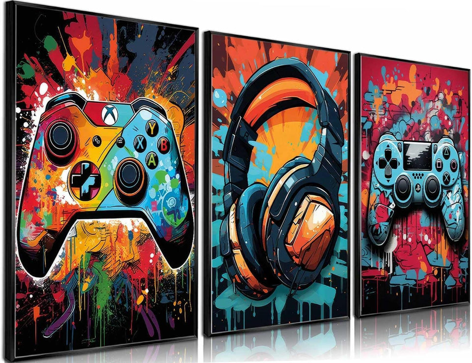 3Pcs Cool Gaming Wall Art Retro Video Game watercolor Posters Pictures Colorful Neon Gamepad Canvas Painting Prints for Boys Room Kids Game Room Bedroom for Boys Home Decoration 12x16in Unframed https://www.amazon.com/dp/B0CP7W91H7