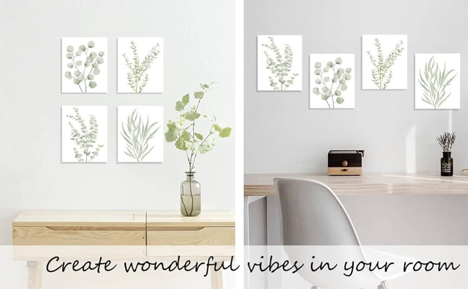 Erctoo Botanical Plant Canvas Wall Art, Framed Boho Wall Decor for Bathroom, Minimalist Aesthetic Bedroom Wall Art, Sage Green Eucalyptus Leaf Prints for Office, Set of 4PCS, 8”X10” https://www.amazon.com/dp/B0CFG2YPPX