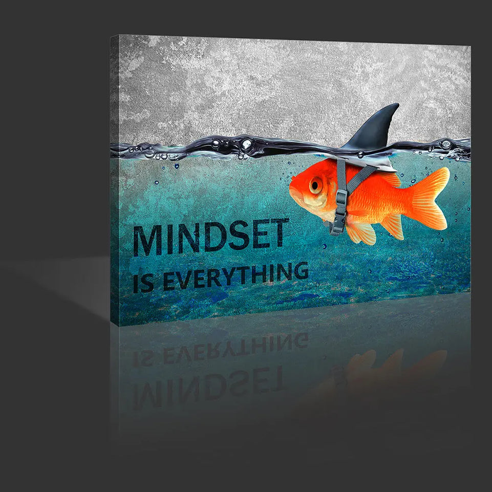 Mindset is Everything" - Motivational Canvas Wall Art with Blue Goldfish & Shark, Frameless Inspirational Quote Poster for Office, Bedroom, Bathroom Decor | Modern Minimalist Design, Indoor Use, Motivational Wall Art June Wall Art