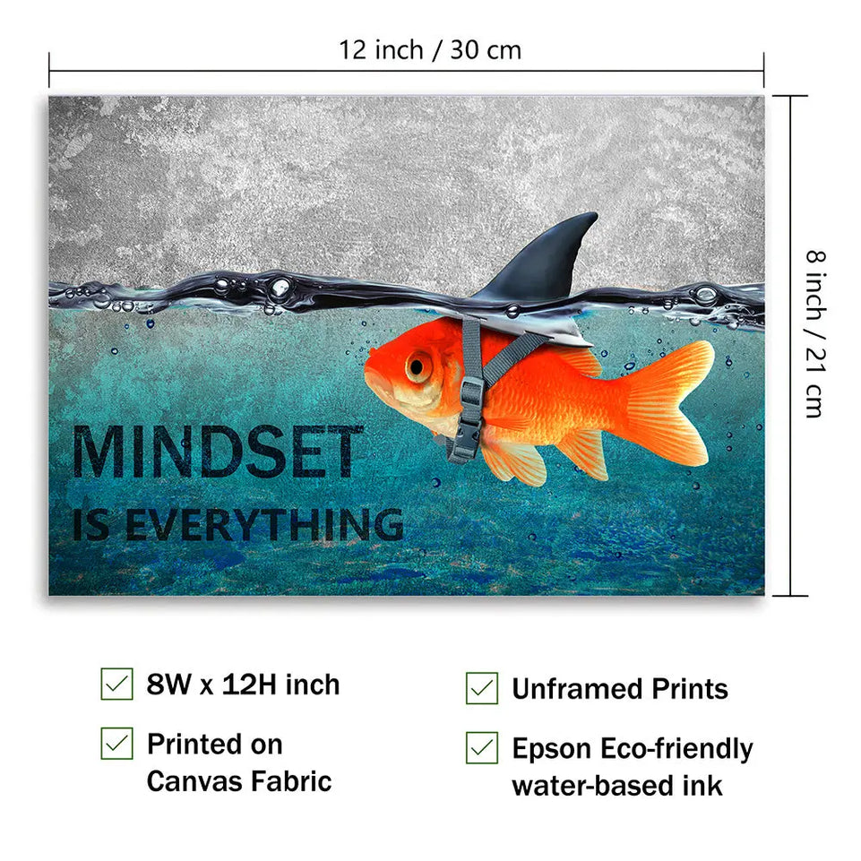 Mindset is Everything" - Motivational Canvas Wall Art with Blue Goldfish & Shark, Frameless Inspirational Quote Poster for Office, Bedroom, Bathroom Decor | Modern Minimalist Design, Indoor Use, Motivational Wall Art June Wall Art