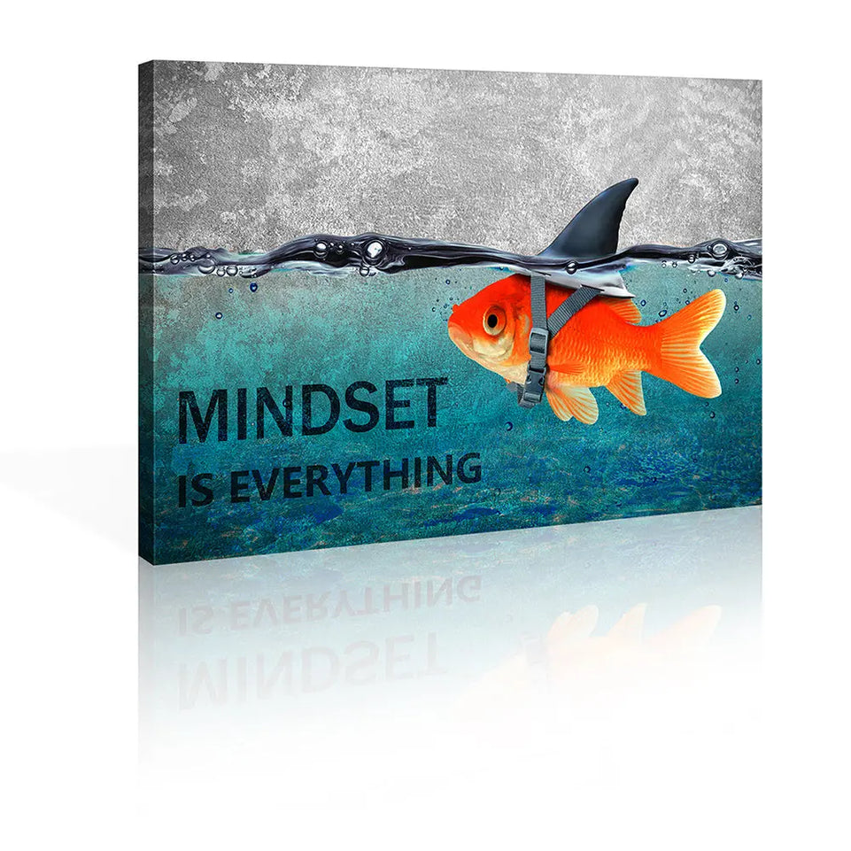 Mindset is Everything" - Motivational Canvas Wall Art with Blue Goldfish & Shark, Frameless Inspirational Quote Poster for Office, Bedroom, Bathroom Decor | Modern Minimalist Design, Indoor Use, Motivational Wall Art June Wall Art