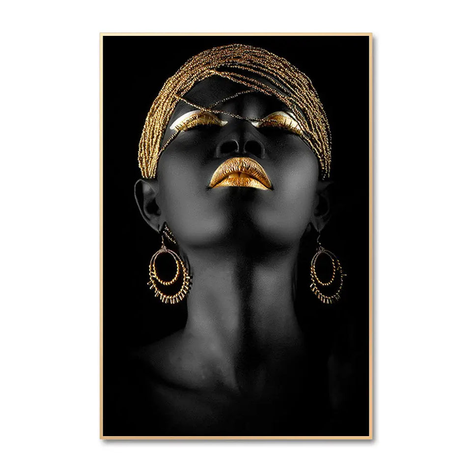 3pcs Beautiful African Woman Wall Decals - Golden Jewelry Canvas Painting Posters for Home Bedroom Living Room Decor - No Frame Needed June Wall Art