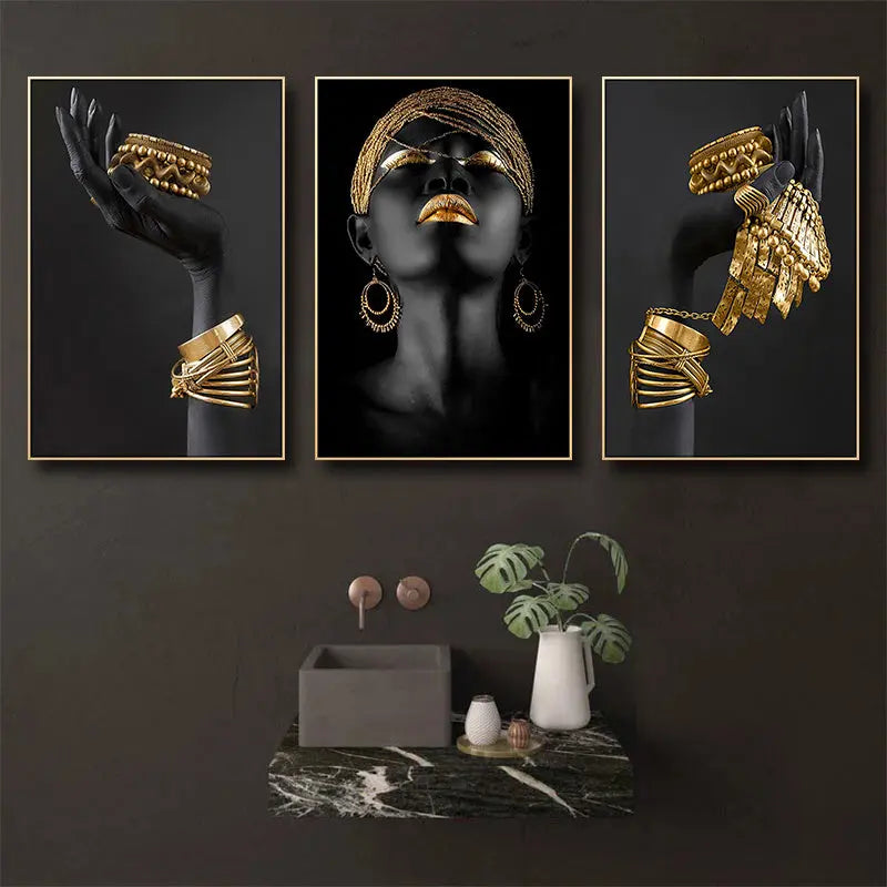 3pcs Beautiful African Woman Wall Decals - Golden Jewelry Canvas Painting Posters for Home Bedroom Living Room Decor - No Frame Needed June Wall Art