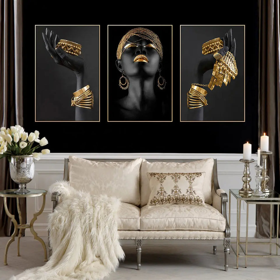 3pcs Beautiful African Woman Wall Decals - Golden Jewelry Canvas Painting Posters for Home Bedroom Living Room Decor - No Frame Needed June Wall Art