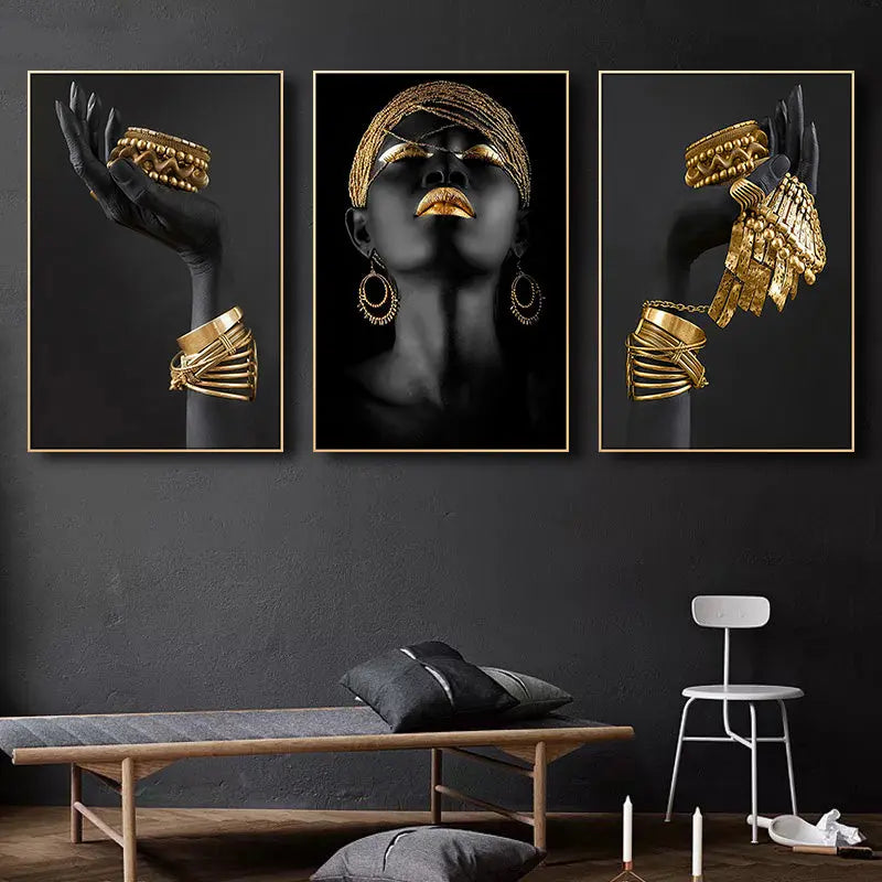 3pcs Beautiful African Woman Wall Decals - Golden Jewelry Canvas Painting Posters for Home Bedroom Living Room Decor - No Frame Needed June Wall Art