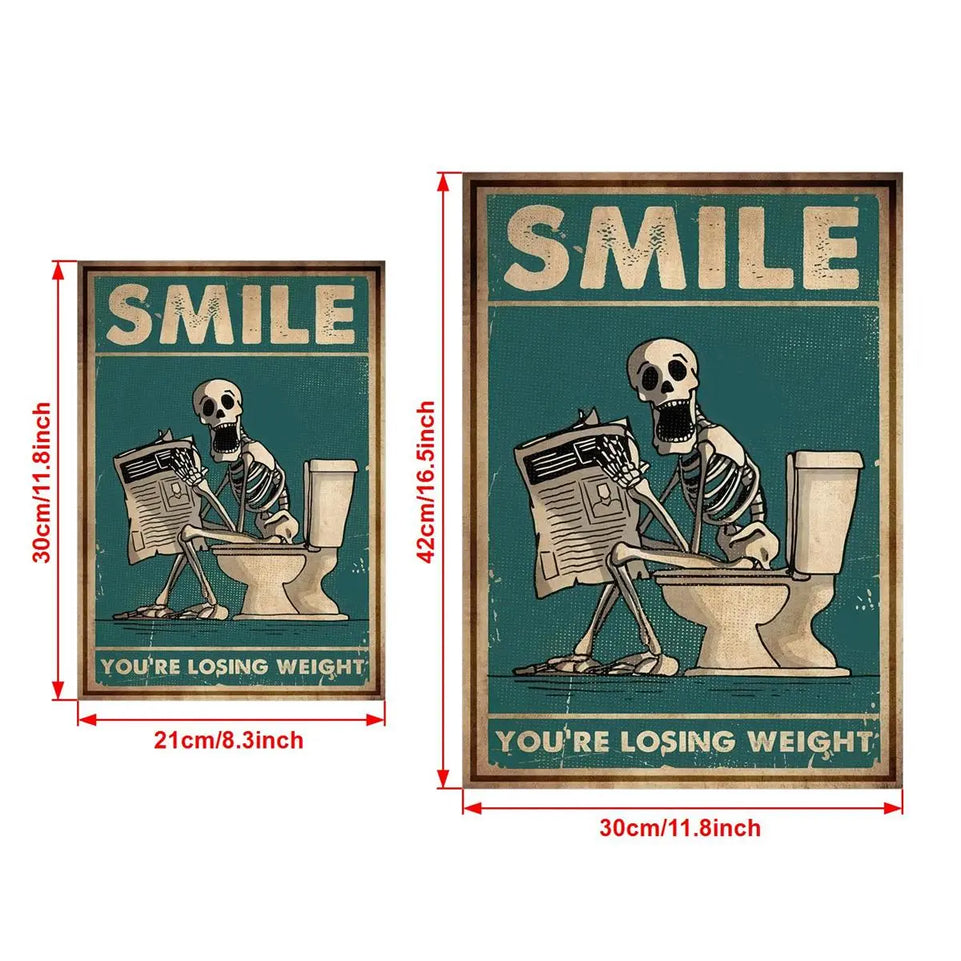 1pc Vintage Skeleton Reading Newspaper Canvas Poster - Humorous "Smile You're Losing Weight" Wall Art, Retro Teal Decor for Living Room, Unframed, Indoor Decor|Vintage Poster|Printed Wall Art, Vintage Wall Art June Wall Art