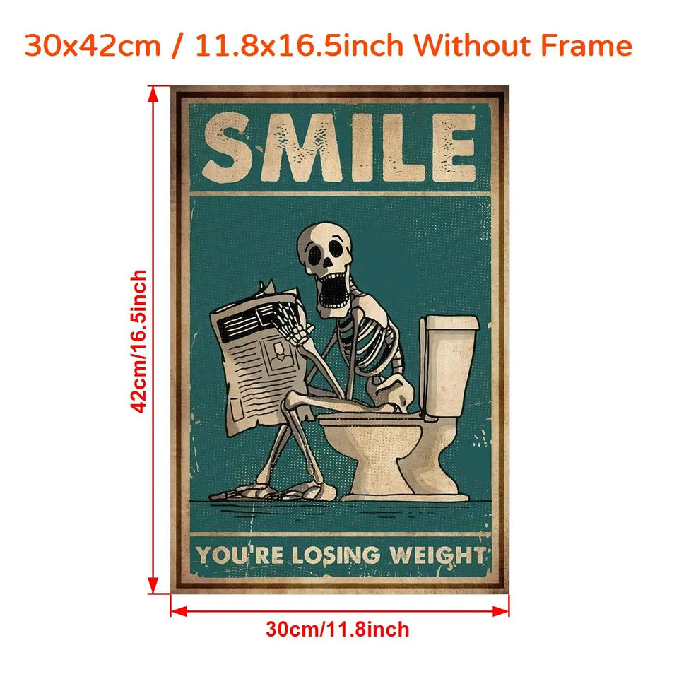 1pc Vintage Skeleton Reading Newspaper Canvas Poster - Humorous "Smile You're Losing Weight" Wall Art, Retro Teal Decor for Living Room, Unframed, Indoor Decor|Vintage Poster|Printed Wall Art, Vintage Wall Art June Wall Art