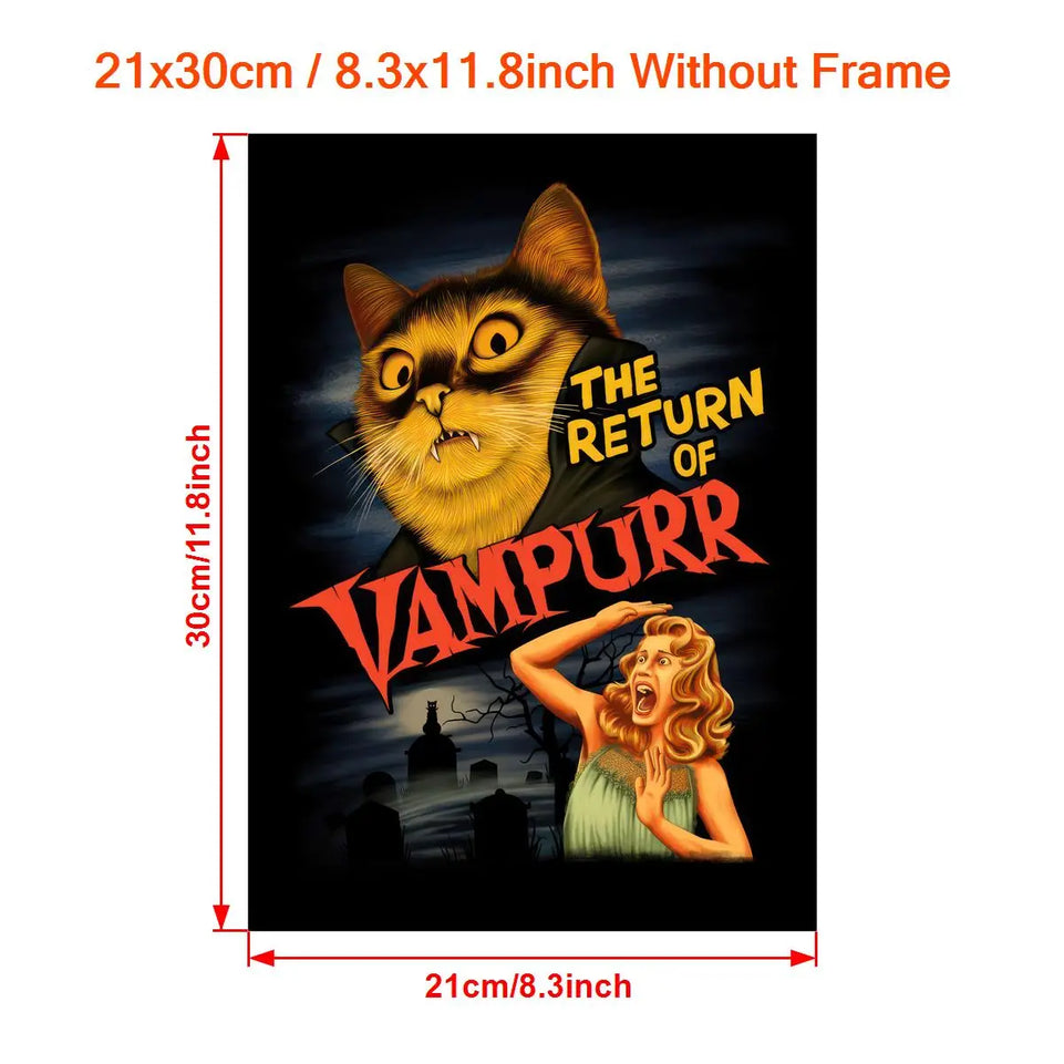 1pc "The Return of Vampurr" Canvas Poster - Vintage Horror-Comedy Cat Lover Wall Art, Frameless, Pine Wood Canvas, Vertical Orientation for Living Room & Bedroom Decor June Wall Art