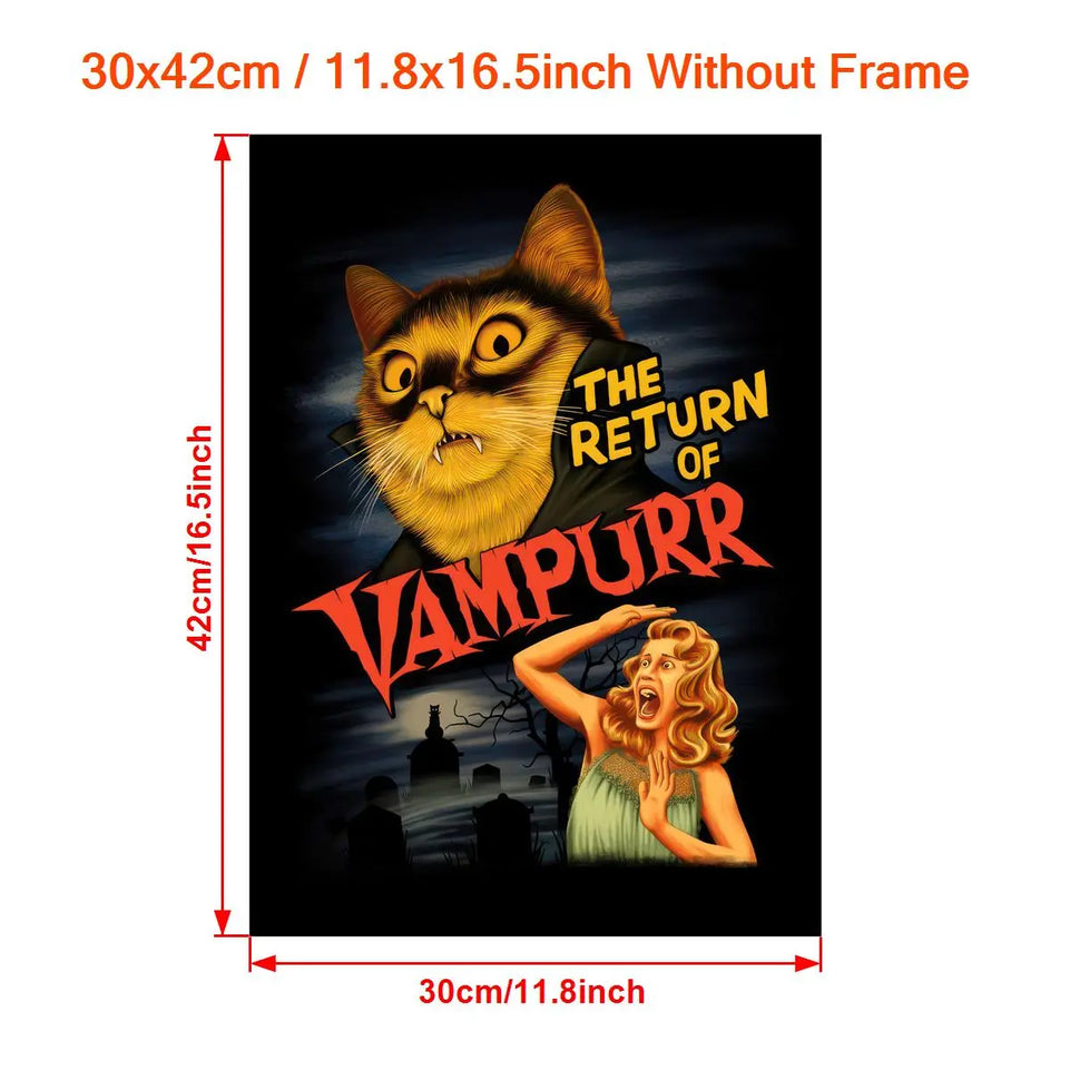 1pc "The Return of Vampurr" Canvas Poster - Vintage Horror-Comedy Cat Lover Wall Art, Frameless, Pine Wood Canvas, Vertical Orientation for Living Room & Bedroom Decor June Wall Art