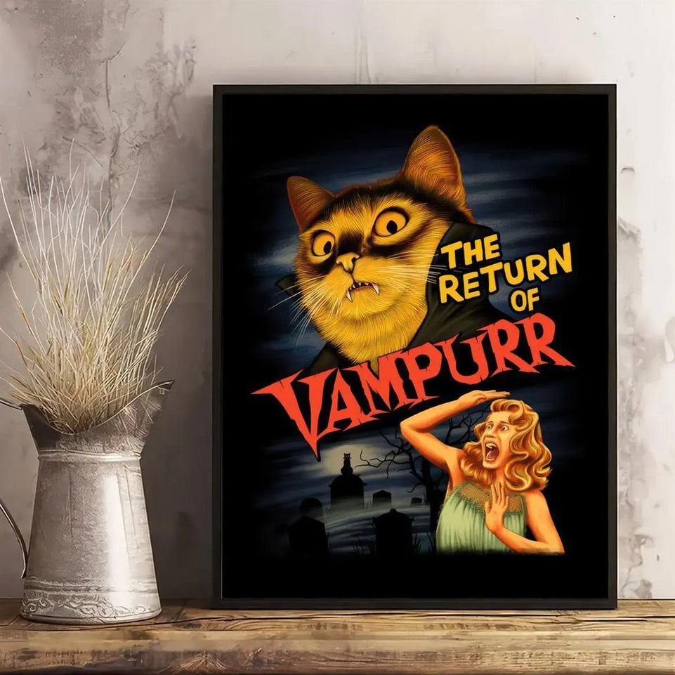 1pc "The Return of Vampurr" Canvas Poster - Vintage Horror-Comedy Cat Lover Wall Art, Frameless, Pine Wood Canvas, Vertical Orientation for Living Room & Bedroom Decor June Wall Art