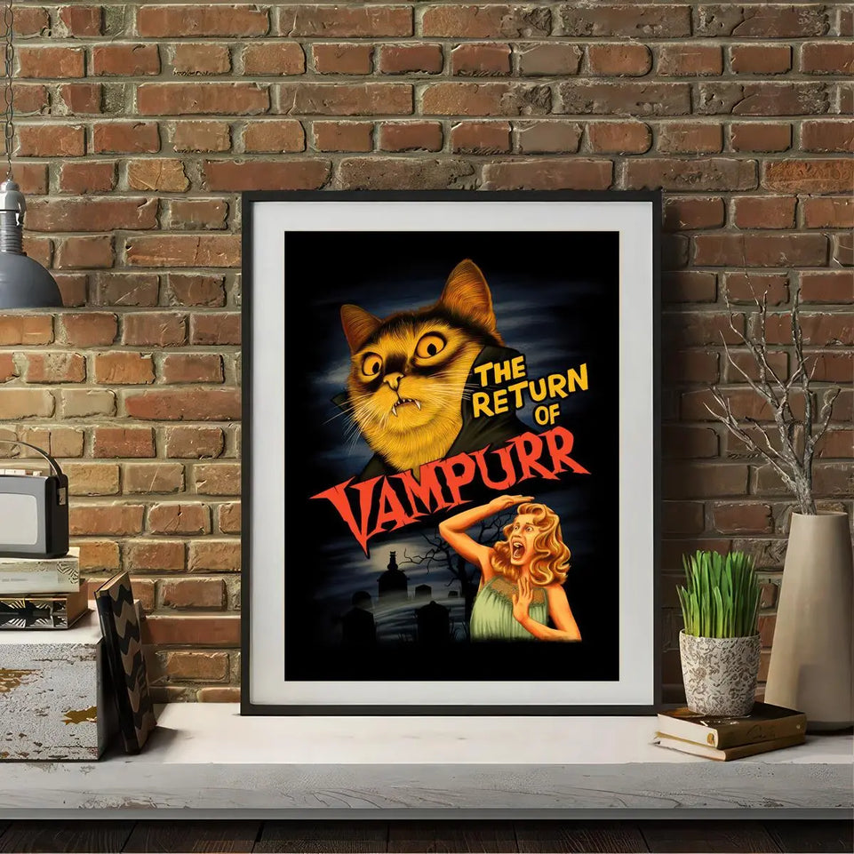 1pc "The Return of Vampurr" Canvas Poster - Vintage Horror-Comedy Cat Lover Wall Art, Frameless, Pine Wood Canvas, Vertical Orientation for Living Room & Bedroom Decor June Wall Art