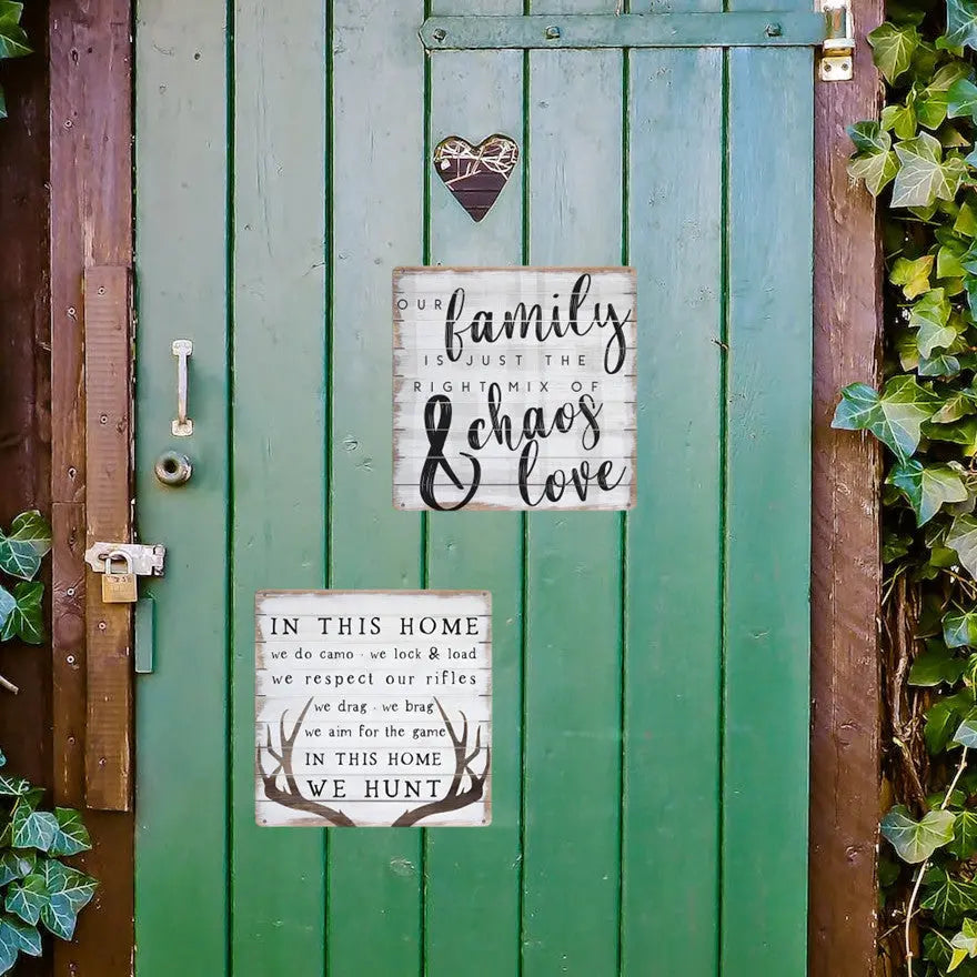 1pc "In This Home We Hunt" Rustic Metal Sign (8"x8") - Vintage-Style Humorous Decor for Home, Office, Bar, Cafe, Garage | High-Quality Tin with Safe Rolled Edges | Waterproof & Colorfast, Office Humor Sign|Themed Wall Art|Wea June Wall Art