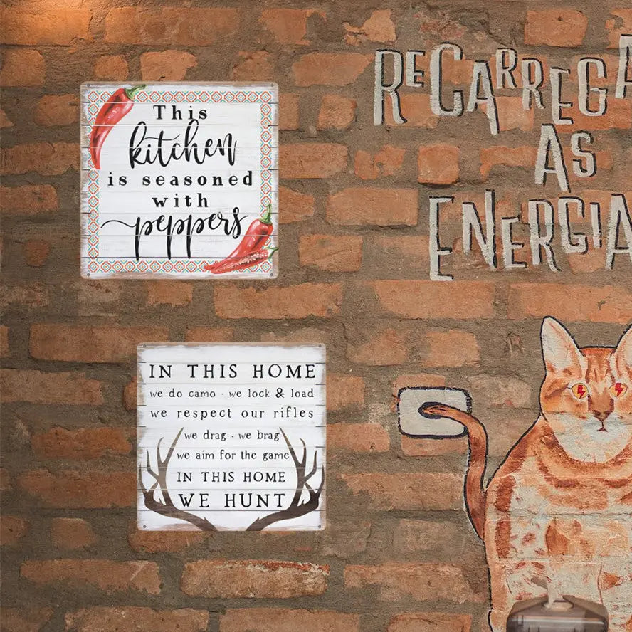 1pc "In This Home We Hunt" Rustic Metal Sign (8"x8") - Vintage-Style Humorous Decor for Home, Office, Bar, Cafe, Garage | High-Quality Tin with Safe Rolled Edges | Waterproof & Colorfast, Office Humor Sign|Themed Wall Art|Wea June Wall Art