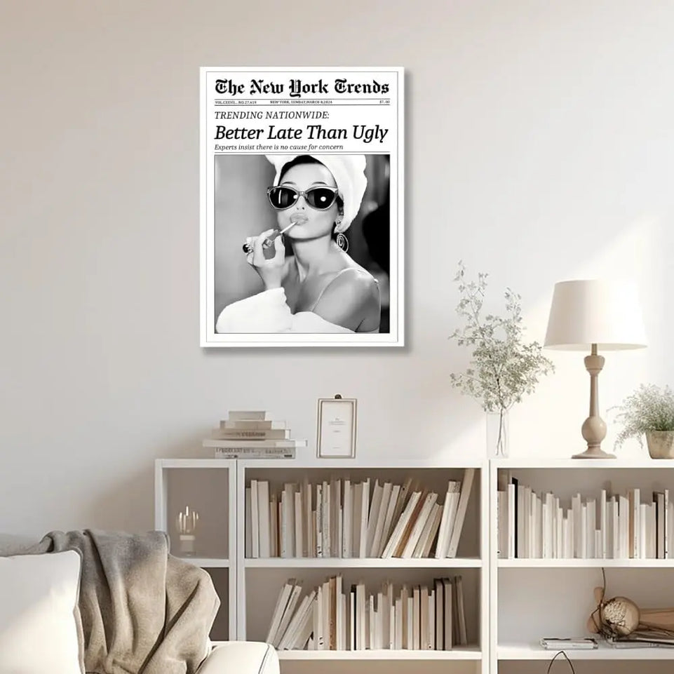 Newspaper Wall Art Canvas Prints Vintage Black and White Better Late Than Ugly Decor Poster Funky Feminist Posters Trendy College Wall Decor for Girly Dorm Room Bathroom Wall Decor 8x12inch Unframed https://www.amazon.com/dp/B0DHYCHY7C