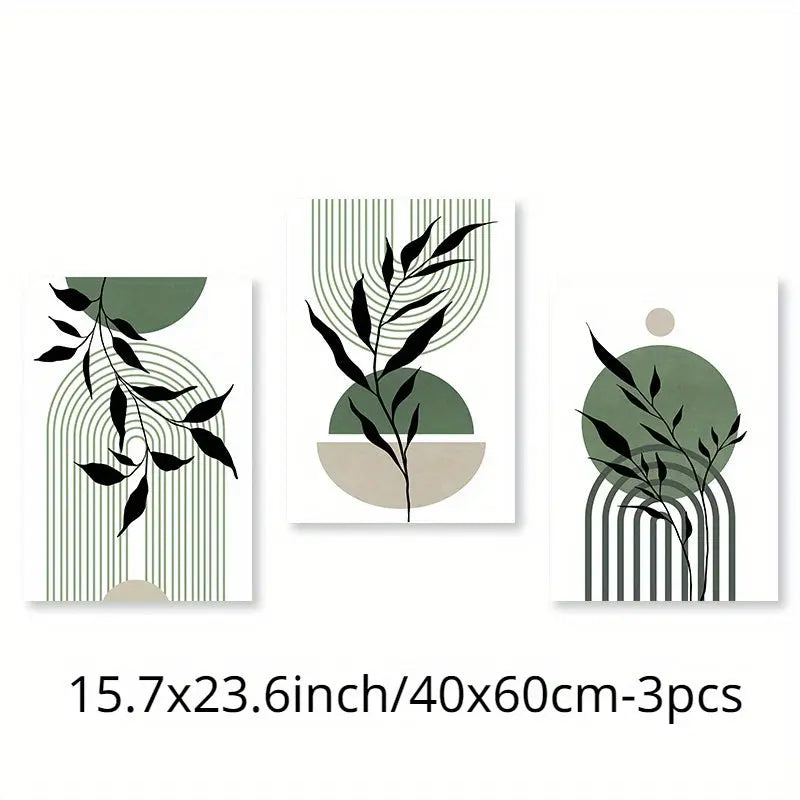 3pcs Sage Green & Black Abstract Canvas Wall Art Set - Modern Boho Decor with Geometric & Botanical Accents for Living Room, Bedroom, Office - Frameless Mid-Century Style Posters, Wall Decor June Wall Art